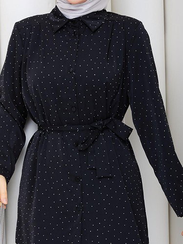 Önden Düğmeli Taşlı İkili Takım-5192 Siyah - Thumbnail