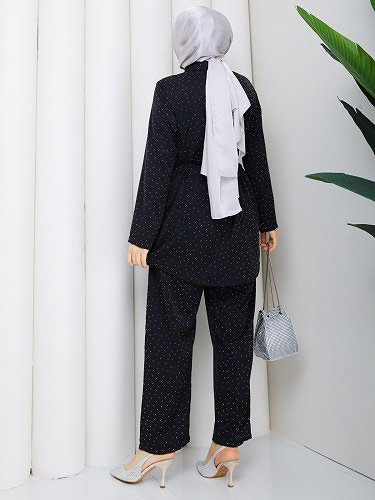 Önden Düğmeli Taşlı İkili Takım-5192 Siyah - Thumbnail