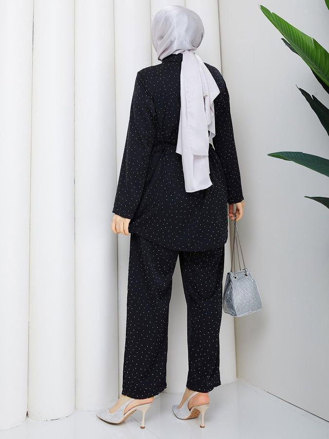 Önden Düğmeli Taşlı İkili Takım-5192 Siyah