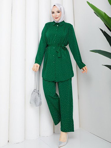 Önden Düğmeli Taşlı İkili Takım-5192 Yeşil - Thumbnail