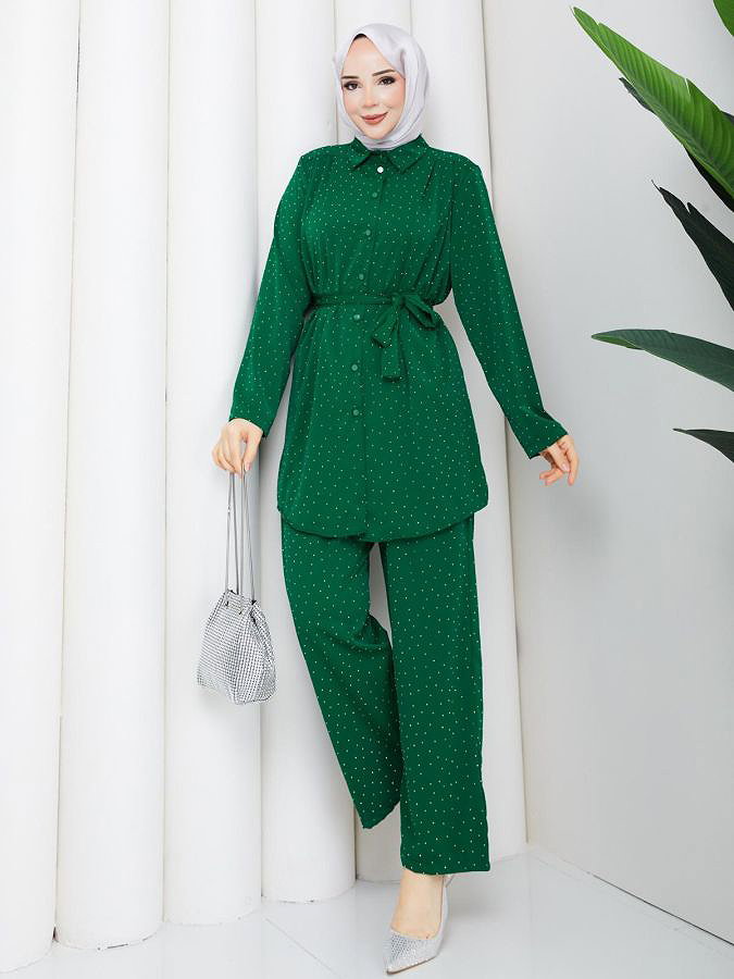 Önden Düğmeli Taşlı İkili Takım-5192 Yeşil