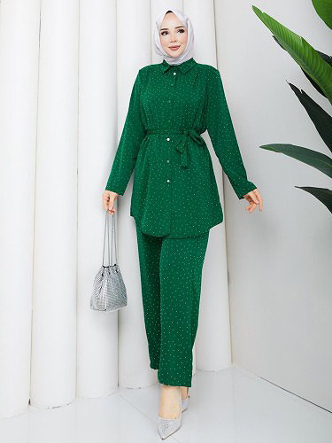 Önden Düğmeli Taşlı İkili Takım-5192 Yeşil - Thumbnail