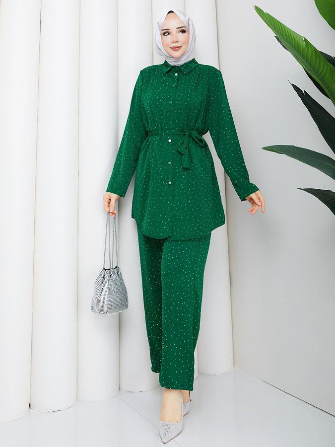 Önden Düğmeli Taşlı İkili Takım-5192 Yeşil
