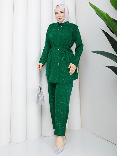 Önden Düğmeli Taşlı İkili Takım-5192 Yeşil - Thumbnail