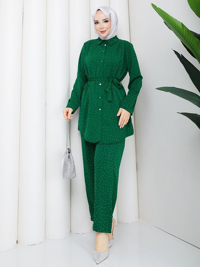 Önden Düğmeli Taşlı İkili Takım-5192 Yeşil