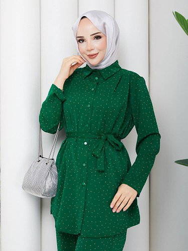 Önden Düğmeli Taşlı İkili Takım-5192 Yeşil - Thumbnail