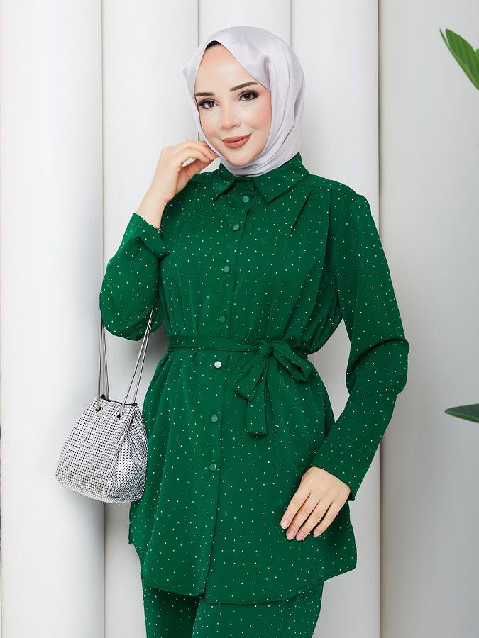 Önden Düğmeli Taşlı İkili Takım-5192 Yeşil