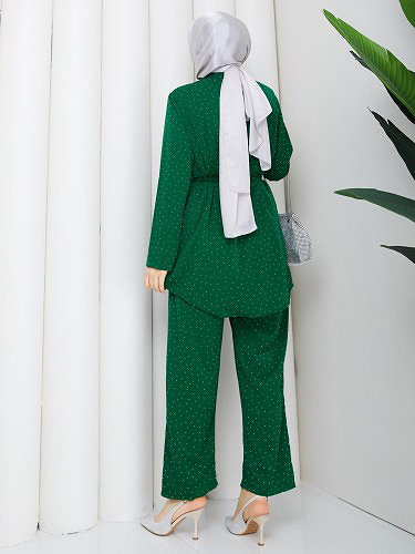 Önden Düğmeli Taşlı İkili Takım-5192 Yeşil - Thumbnail