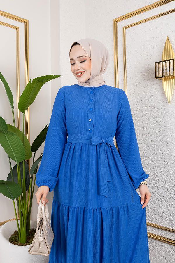 Önden Düğmeli Tesettür Elbise-3136 Açık İndigo