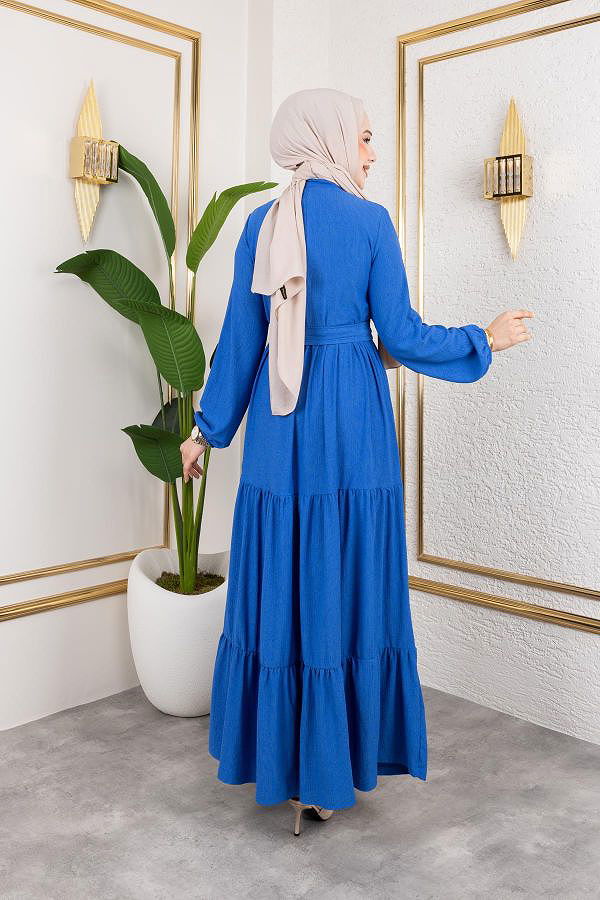 Önden Düğmeli Tesettür Elbise-3136 Açık İndigo