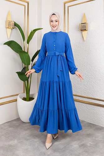 Modaebva - Önden Düğmeli Tesettür Elbise-3136 Açık İndigo