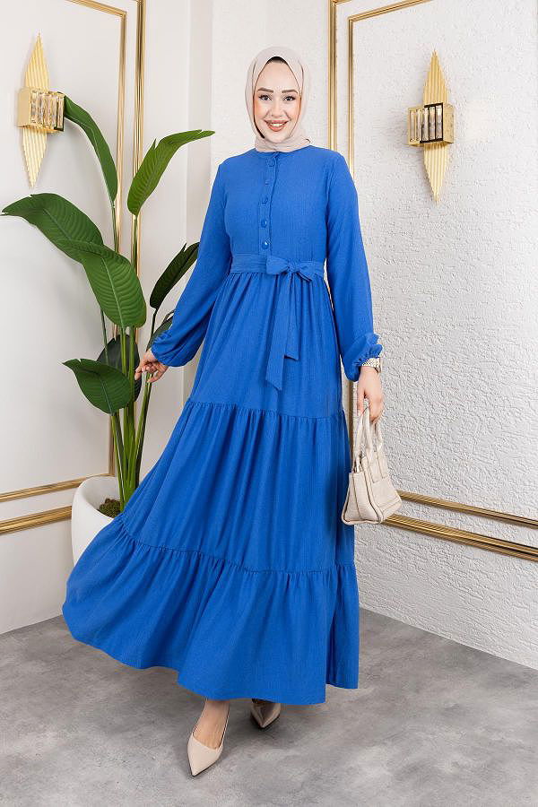 Önden Düğmeli Tesettür Elbise-3136 Açık İndigo