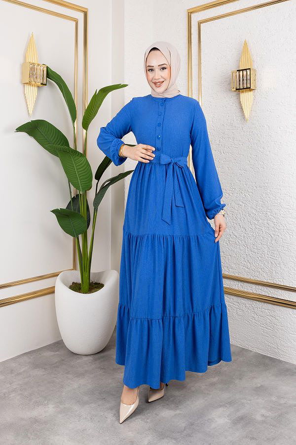 Önden Düğmeli Tesettür Elbise-3136 Açık İndigo
