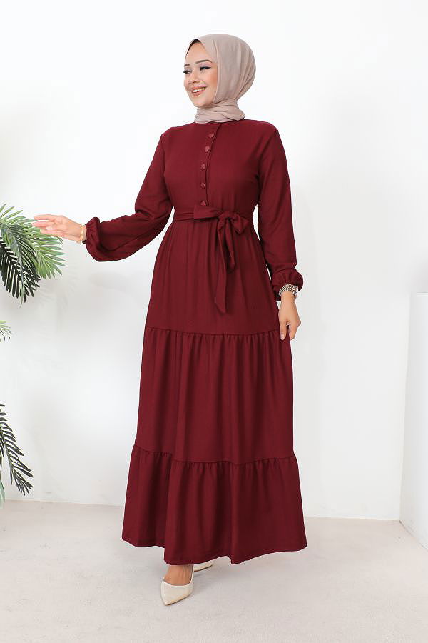 Önden Düğmeli Tesettür Elbise-3136 Bordo