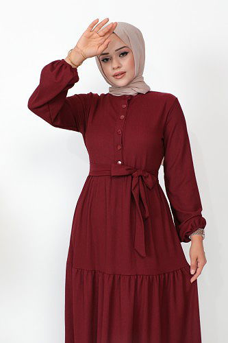Önden Düğmeli Tesettür Elbise-3136 Bordo - Thumbnail