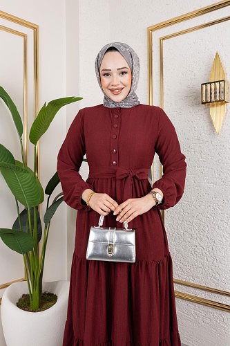 Modaebva - Önden Düğmeli Tesettür Elbise-3136 K.Bordo (1)