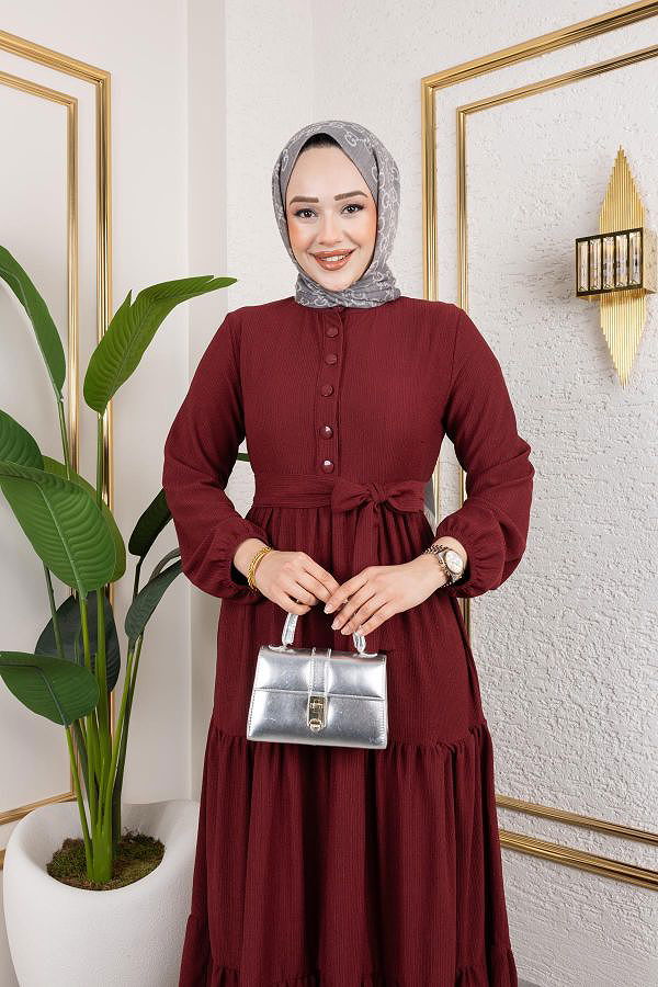 Önden Düğmeli Tesettür Elbise-3136 K.Bordo