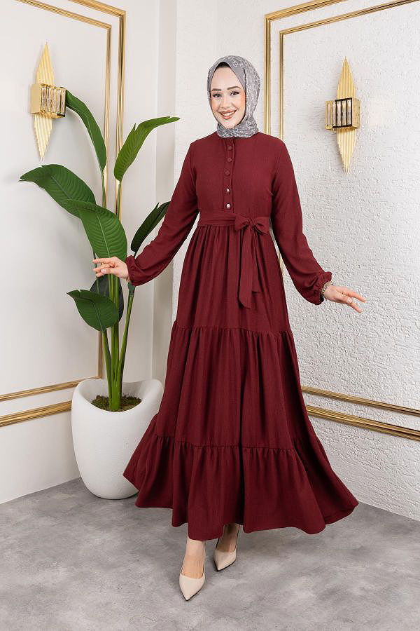 Önden Düğmeli Tesettür Elbise-3136 K.Bordo