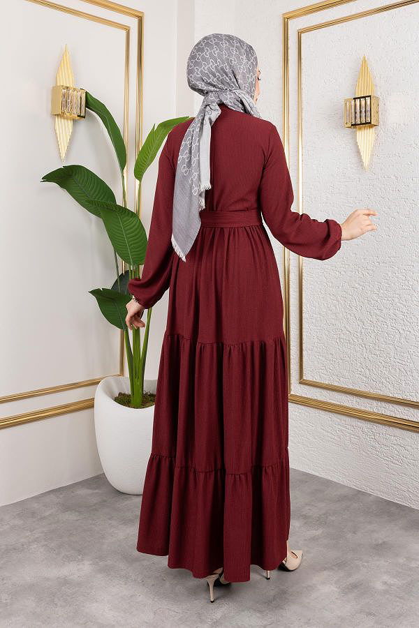 Önden Düğmeli Tesettür Elbise-3136 K.Bordo