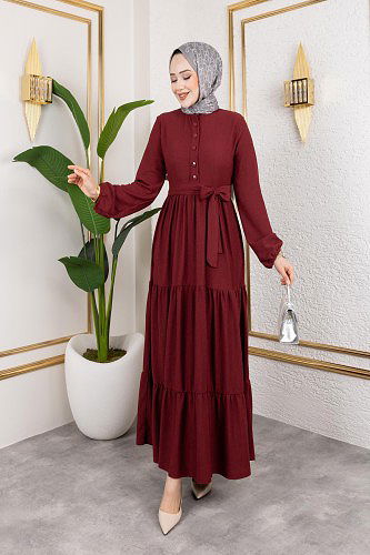 Önden Düğmeli Tesettür Elbise-3136 K.Bordo - Thumbnail