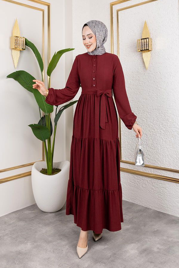 Önden Düğmeli Tesettür Elbise-3136 K.Bordo