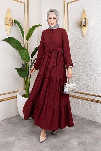 Önden Düğmeli Tesettür Elbise-3136 K.Bordo - Thumbnail