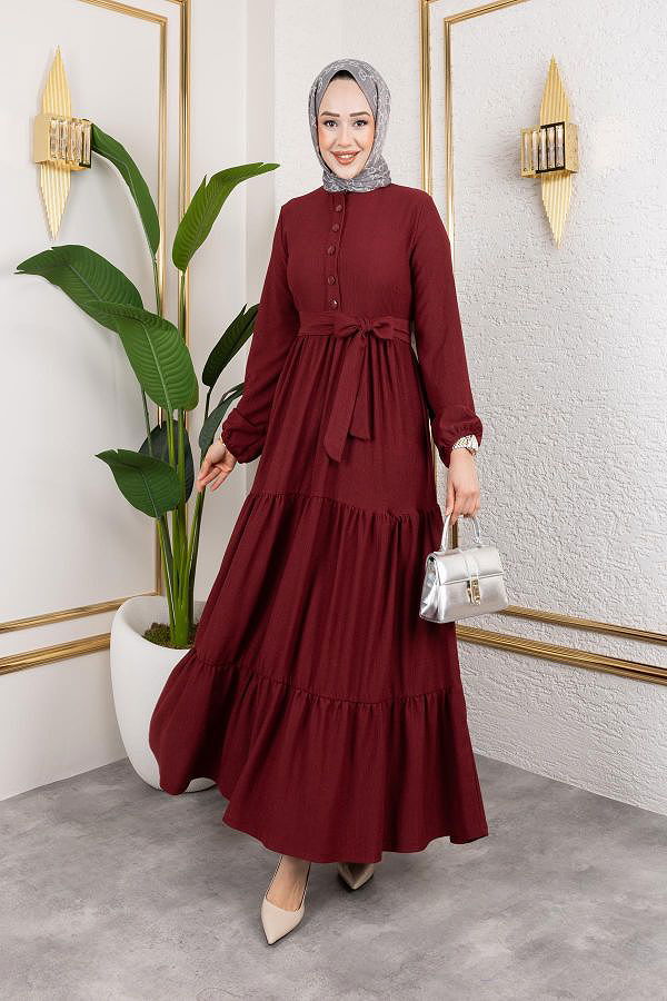 Önden Düğmeli Tesettür Elbise-3136 K.Bordo