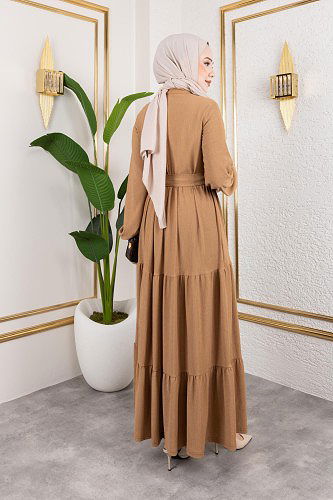 Önden Düğmeli Tesettür Elbise-3136 Latte - Thumbnail