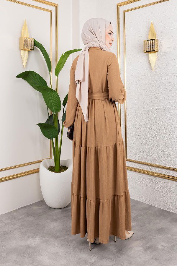 Önden Düğmeli Tesettür Elbise-3136 Latte