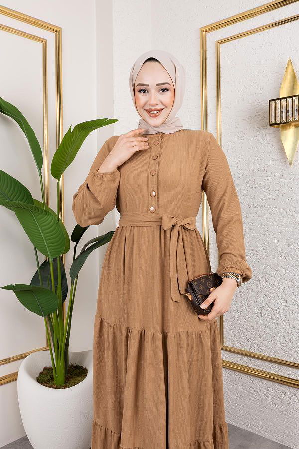 Önden Düğmeli Tesettür Elbise-3136 Latte