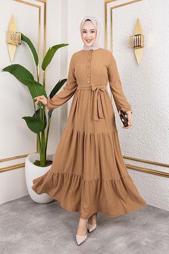 Modaebva - Önden Düğmeli Tesettür Elbise-3136 Latte