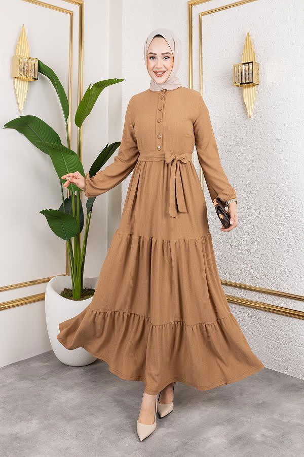 Önden Düğmeli Tesettür Elbise-3136 Latte