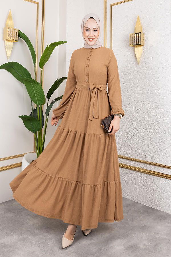 Önden Düğmeli Tesettür Elbise-3136 Latte