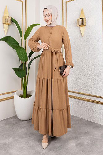 Önden Düğmeli Tesettür Elbise-3136 Latte - Thumbnail