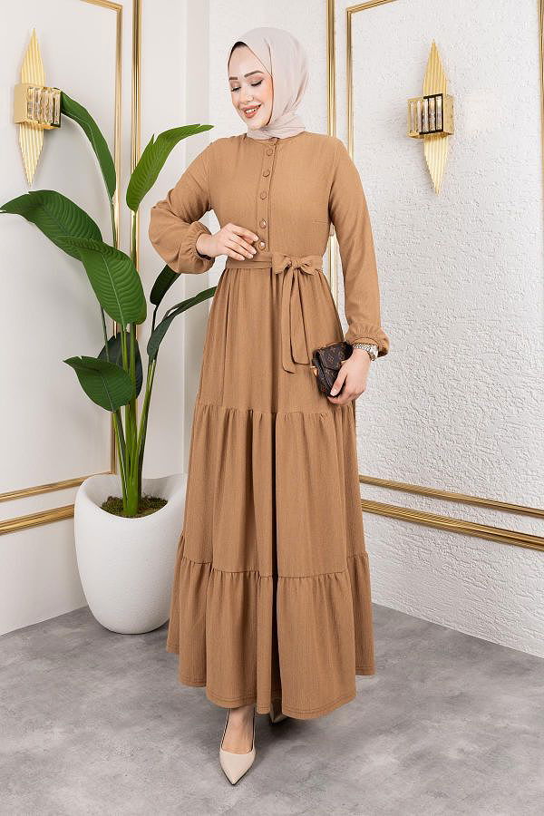 Önden Düğmeli Tesettür Elbise-3136 Latte