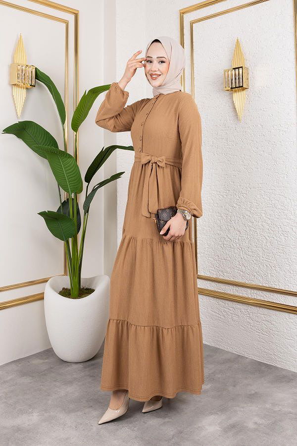 Önden Düğmeli Tesettür Elbise-3136 Latte