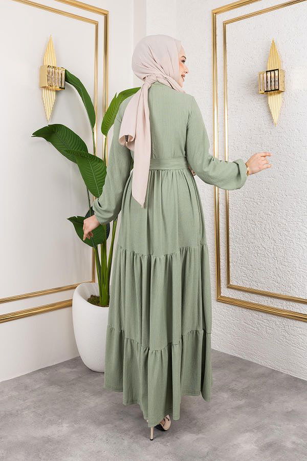 Önden Düğmeli Tesettür Elbise-3136 Su yeşili