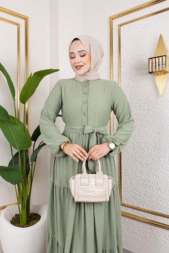 Modaebva - Önden Düğmeli Tesettür Elbise-3136 Su yeşili (1)