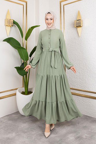 Modaebva - Önden Düğmeli Tesettür Elbise-3136 Su yeşili