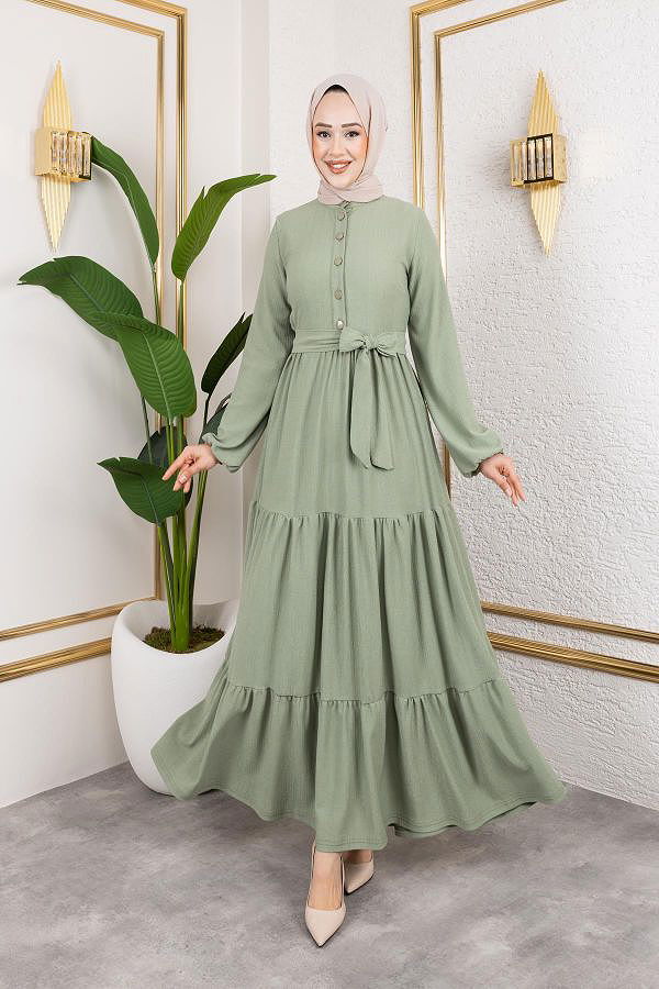 Önden Düğmeli Tesettür Elbise-3136 Su yeşili