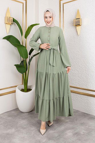 Önden Düğmeli Tesettür Elbise-3136 Su yeşili - Thumbnail