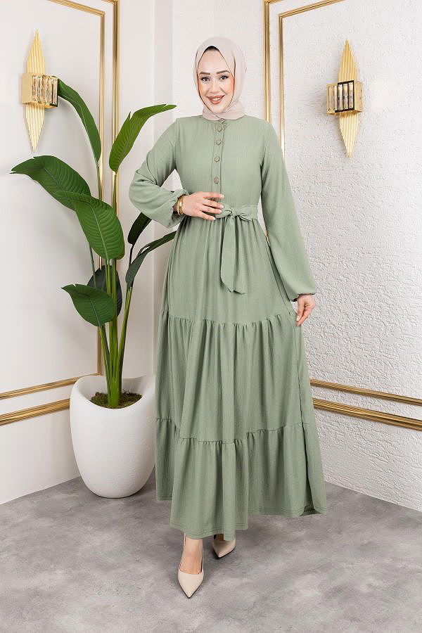 Önden Düğmeli Tesettür Elbise-3136 Su yeşili