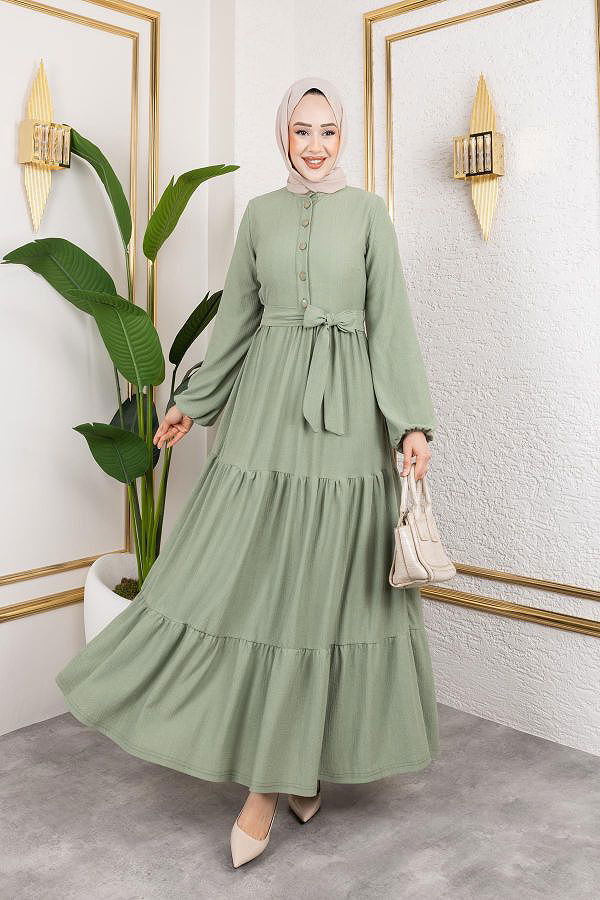 Önden Düğmeli Tesettür Elbise-3136 Su yeşili