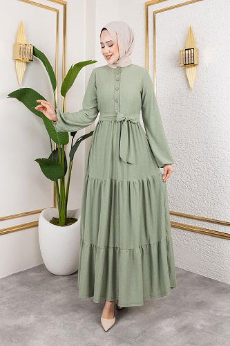 Önden Düğmeli Tesettür Elbise-3136 Su yeşili - Thumbnail
