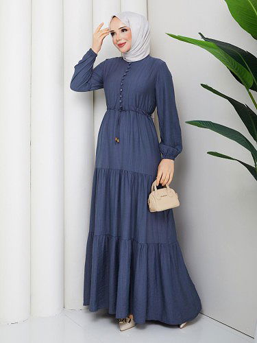 Modaebva - Önden Düğmeli Tesettür Elbise-5140 İndigo