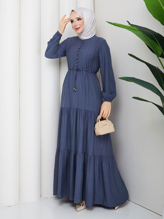 Önden Düğmeli Tesettür Elbise-5140 İndigo