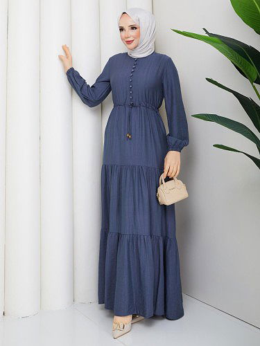 Önden Düğmeli Tesettür Elbise-5140 İndigo - Thumbnail