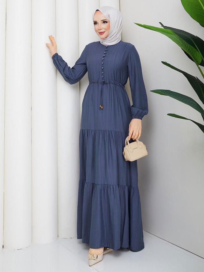 Önden Düğmeli Tesettür Elbise-5140 İndigo