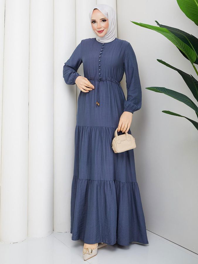 Önden Düğmeli Tesettür Elbise-5140 İndigo