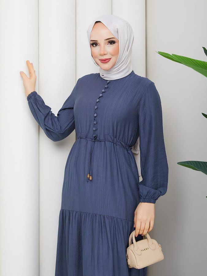 Önden Düğmeli Tesettür Elbise-5140 İndigo